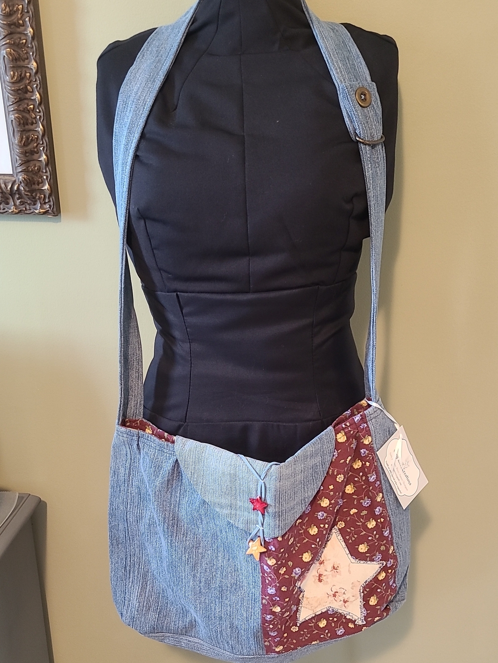 Handmade Denim Crossbody Bag with Burgundy Star Accent By Grey Dove Creations